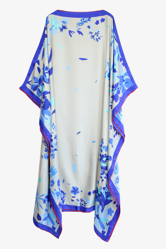 DAWID TOMASZEWSKI Kaftan Sardegna - Flower Graden Blue - silbergraue Seide - Front