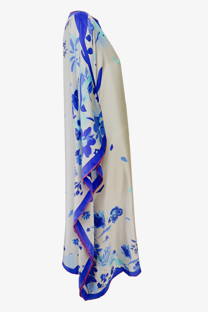 DAWID TOMASZEWSKI Kaftan Sardegna - Flower Graden Blue - silbergraue Seide - Side