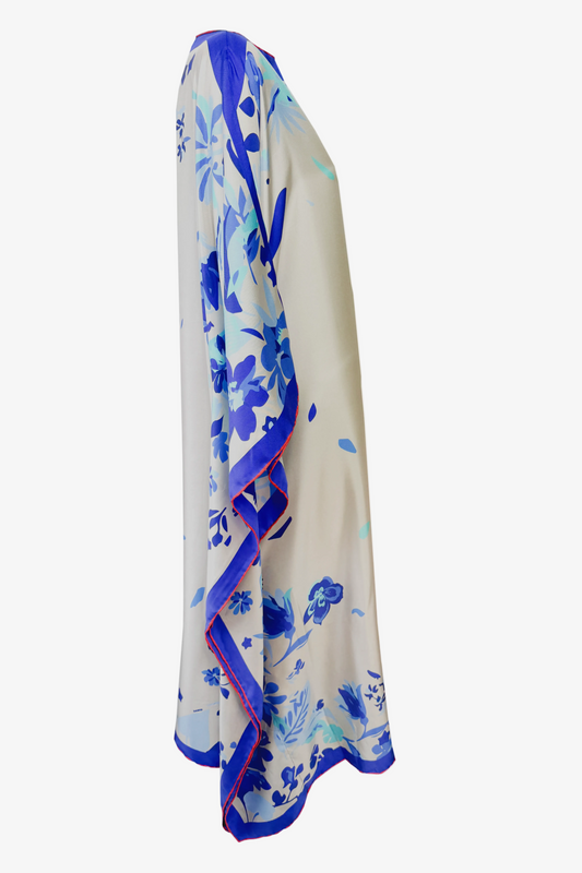DAWID TOMASZEWSKI Kaftan Sardegna - Flower Graden Blue - silbergraue Seide - Side